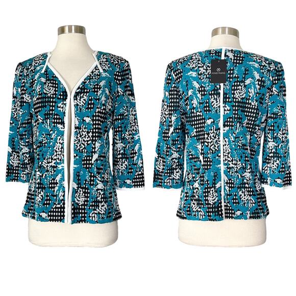 NEW Ming Wang | Blue Knit Black White 3/4 Sleeve Cardigan Work Jacket XS NWT - Picture 1 of 9
